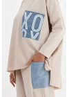 Denim cepli oversize takım-Bej