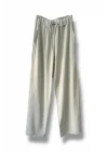 Dökümlü düz kesim bağcıklı pantolon-Bej