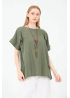 Kadın %100 Pamuklu T-Shirt (Kolye Hediyeli)-Haki