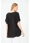 Kadın %100 Pamuklu T-Shirt (Kolye Hediyeli)-Siyah