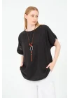 Kadın %100 Pamuklu T-Shirt (Kolye Hediyeli)-Siyah