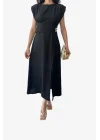 Kadın Kemer Detaylı Şık Midi Elbise-Siyah