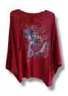 Kadın Merserize Triko Bluz –Oversize Rahat Kalıp, Baskılı Bluz (38-48 Beden) Bordo Bordo