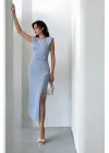 Linda Elegance Yırtmaç Detaylı Midi Abiye Elbise-Mavi