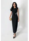 Linda Elegance Yırtmaç Detaylı Midi Abiye Elbise-Siyah