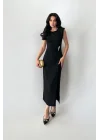 Linda Elegance Yırtmaç Detaylı Midi Abiye Elbise-Siyah