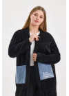 Peluş Kot Garnili Kaftan-Siyah