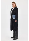 Peluş Kot Garnili Kaftan-Siyah