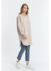 Şili çiçek figürlü oversize kadın gömlek-Bej
