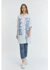 Şili çiçek figürlü oversize kadın gömlek-Beyaz