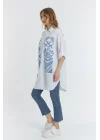 Şili çiçek figürlü oversize kadın gömlek-Beyaz