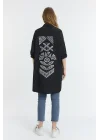Şili çiçek figürlü oversize kadın gömlek-Siyah