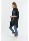Şili çiçek figürlü oversize kadın gömlek-Siyah