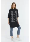 Şili çiçek figürlü oversize kadın gömlek-Siyah