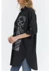 Şili çiçek figürlü oversize kadın gömlek-Siyah