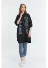 Şili çiçek figürlü oversize kadın gömlek-Siyah