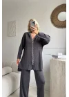Füme Simli fermuarlı oversize 38/42 uyumlu triko takım