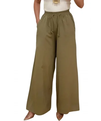 Kadın %100 Pamuk Bol Paça Pantolon Beli Lastikli