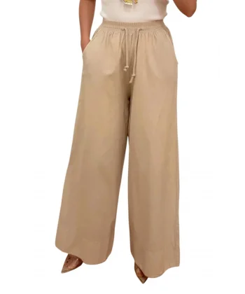 Kadın %100 Pamuk Bol Paça Pantolon Beli Lastikli