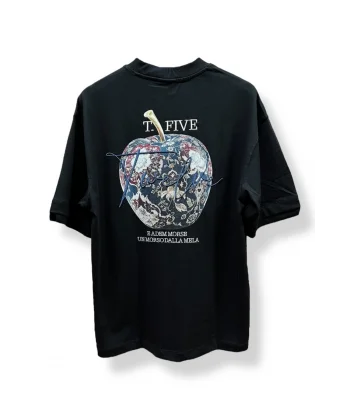 Erkek Siyah Oversize Tişört Baskılı Elma Desenli Premium Pamuk T-Shirt