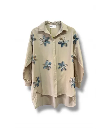 begonya çiçek figürlü oversize kadın gömlek-Bej
