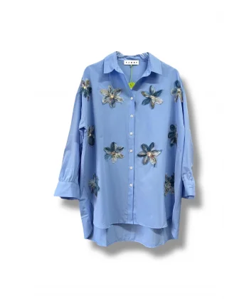 begonya çiçek figürlü oversize kadın gömlek-Mavi