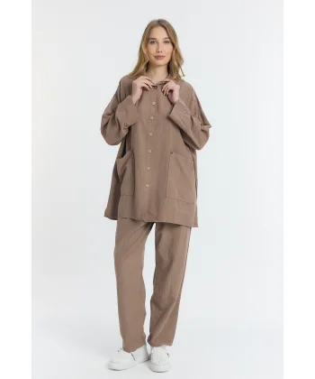 Çift cepli keten oversize italyan ikili takım-Kahverengi