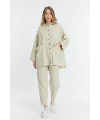 Çift cepli keten oversize italyan ikili takım-Krem