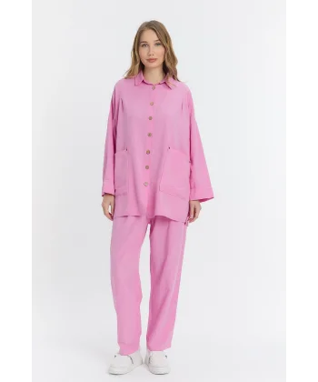 Çift cepli keten oversize italyan ikili takım-Pembe