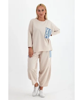 Denim cepli oversize takım-Bej