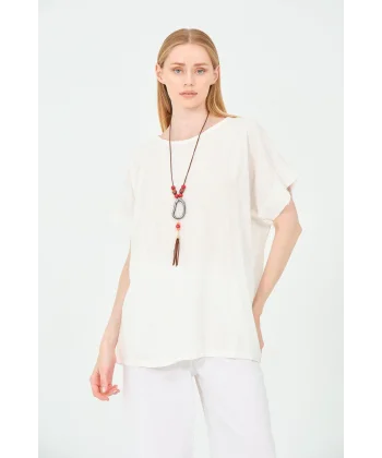 Kadın %100 Pamuklu T-Shirt (Kolye Hediyeli)-Beyaz