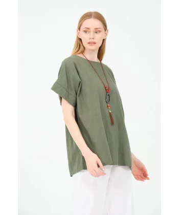 Kadın %100 Pamuklu T-Shirt (Kolye Hediyeli)-Haki