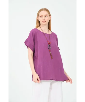 Kadın %100 Pamuklu T-Shirt (Kolye Hediyeli)-Mor