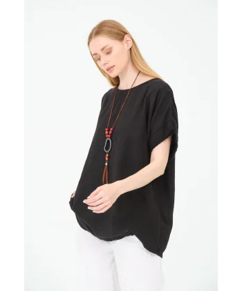 Kadın %100 Pamuklu T-Shirt (Kolye Hediyeli)-Siyah