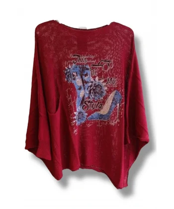 Kadın Merserize Triko Bluz –Oversize Rahat Kalıp, Baskılı Bluz (38-48 Beden) Bordo Bordo