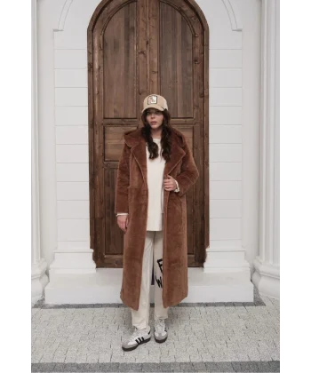 Kadın Peluş Uzun Kaban - Kapüşonlu Oversize Kürk Mont - 38-46 Beden Uyumlu - Yumuşak Kışlık