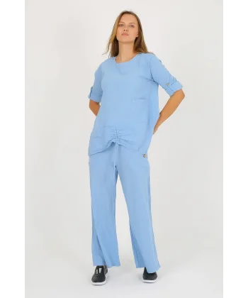 Kadın Pamuklu Büzgülü Bluz ve Pantolon Takımı-Mavi