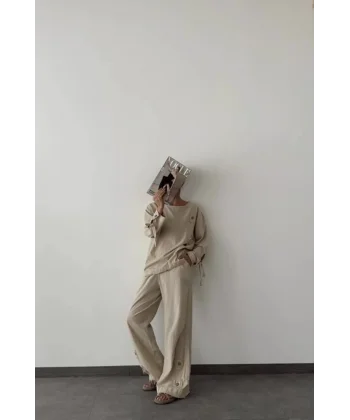 Kadın Pamuklu Düğmeli Bluz ve Pantolon Takımı-Bej