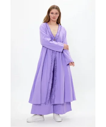 Keten tek düğmeli fırfılı oversize ikili takım-Mor