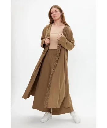 Keten tek düğmeli fırfılı oversize ikili takım-Kamel