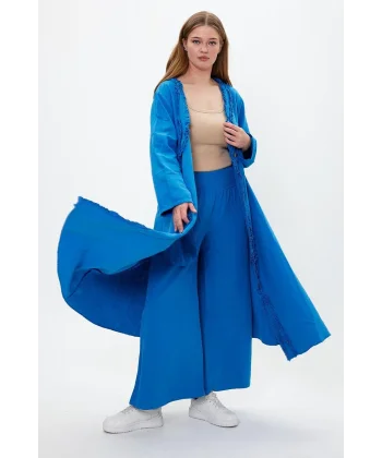 Keten tek düğmeli fırfılı oversize ikili takım-Mavi