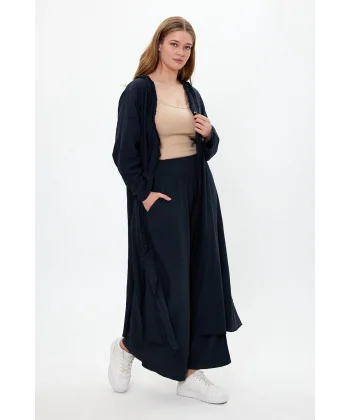 Keten tek düğmeli fırfılı oversize ikili takım-Siyah