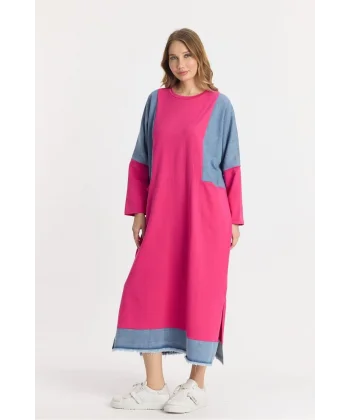 Kot parçalı oversize elbise-Pembe