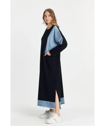 Kot parçalı oversize elbise-Siyah