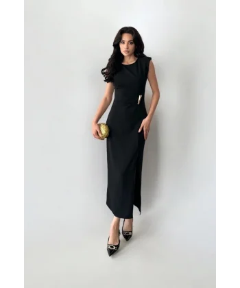 Linda Elegance Yırtmaç Detaylı Midi Abiye Elbise-Siyah