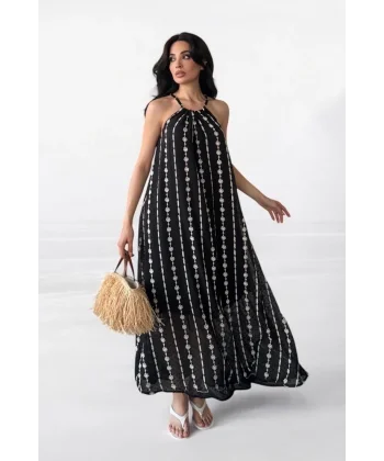 Nakış Detaylı Askılı Salaş Şifon Maxi Elbise - Siyah