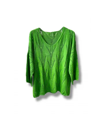 Oversize Ajurlu Merserize Triko Bluz Kadın V Yaka-yeşil