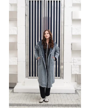 Oversize Kadın Kot Kapüşonlu Uzun Ceket - 38-46 Beden Arası Uyumlu - Günlük Rahat Şık