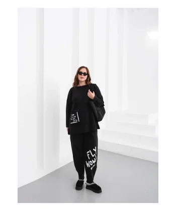 Oversize Siyah Eşofman Takımı - FLY WOW! Yazılı (38-46 Beden Uyumlu)