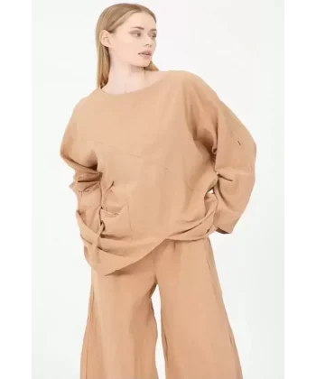 Pamuk Kuşgözü Cepli Bluz Pantolon Takım-Kamel